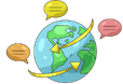 Graphic of earth with two gold arrows and three speech bubbles.