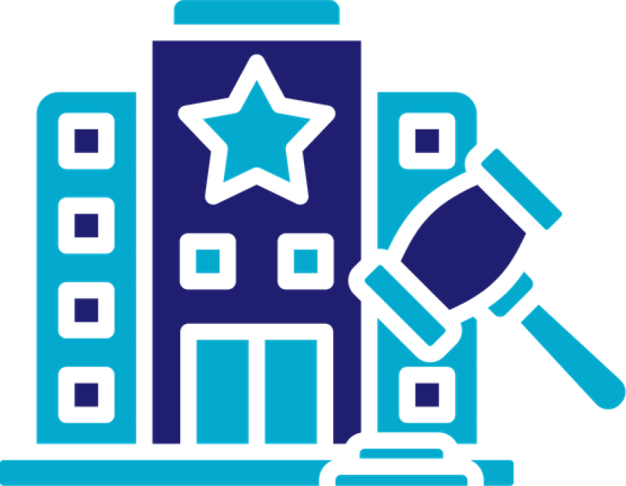 A blue and navy blue icon featuring two people sitting at a desk engaged in a meeting. Above them is a speech bubble and a lightbulb, symbolising the exchange of ideas and professional advice.