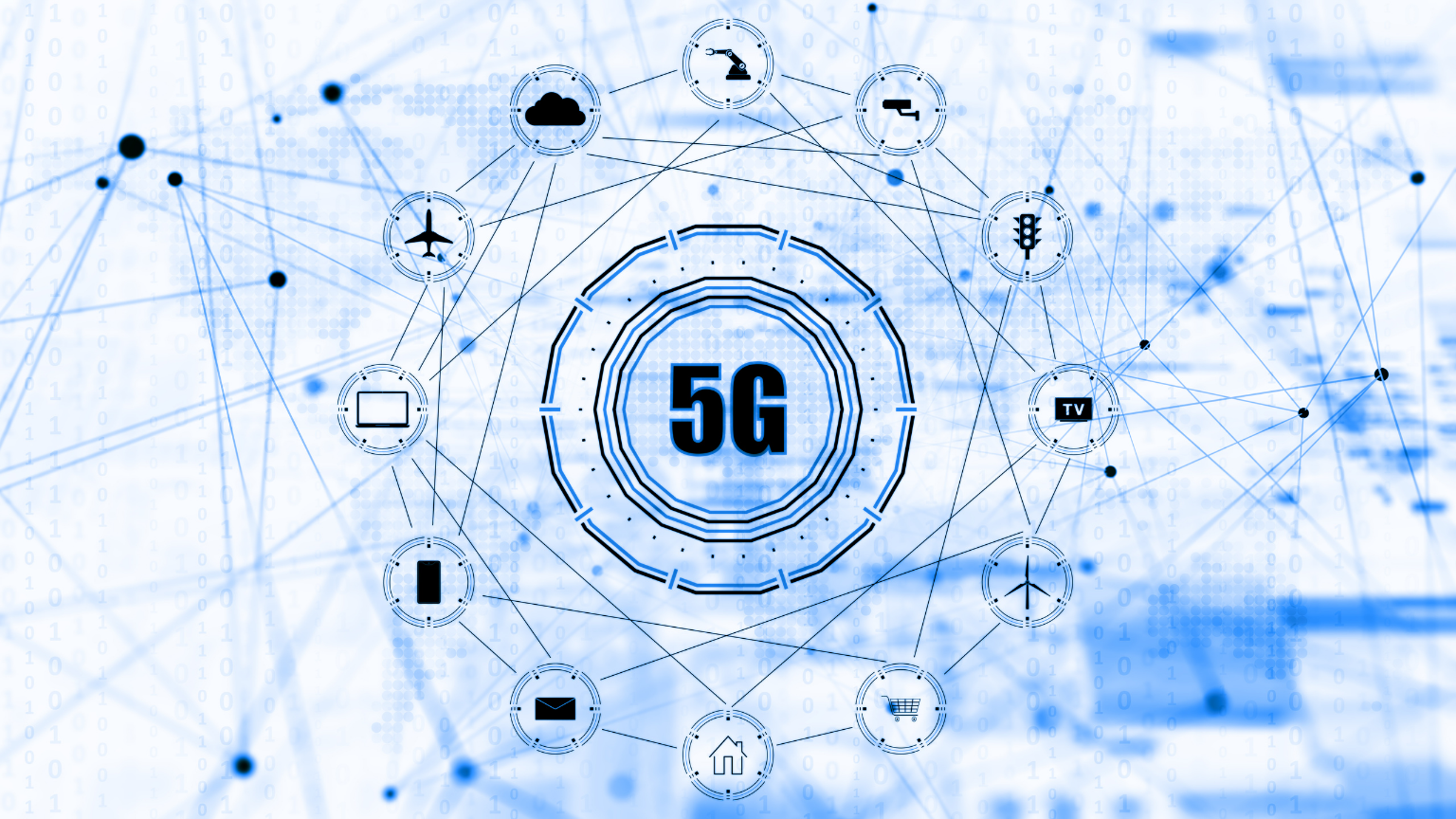 5G letters on a blue background with icons