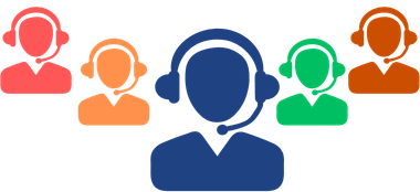Red, orange, blue, green and yellow person with headset icons.