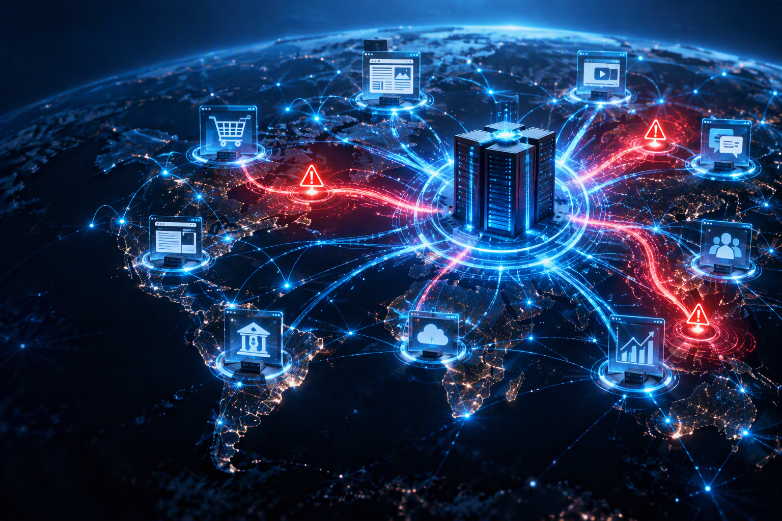 icons—including e-commerce, banking, and media—with glowing red hazard signals highlighting vulnerable network connections.