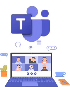 Microsoft teams logo and a graphic of a laptop showing a video call