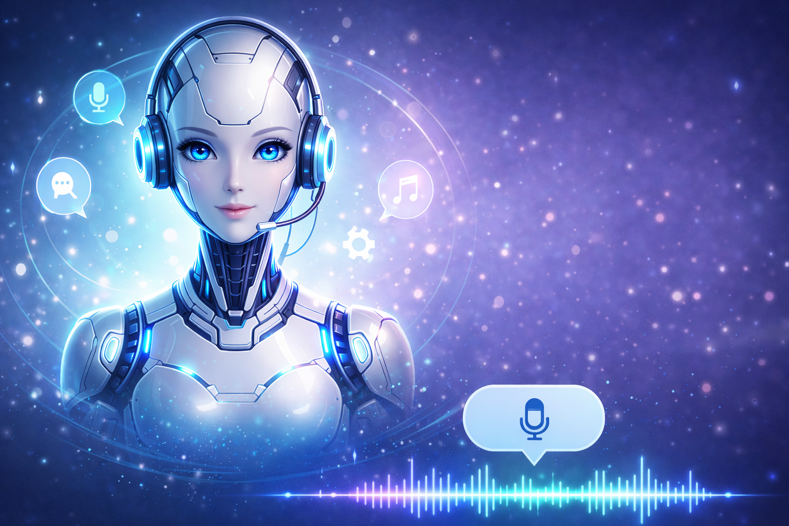 AI female robot on a purple background and an audio symbol