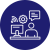 Circular blue line-art icon of a person at a desktop computer with a settings gear and speech bubble, representing centralised administration and control.