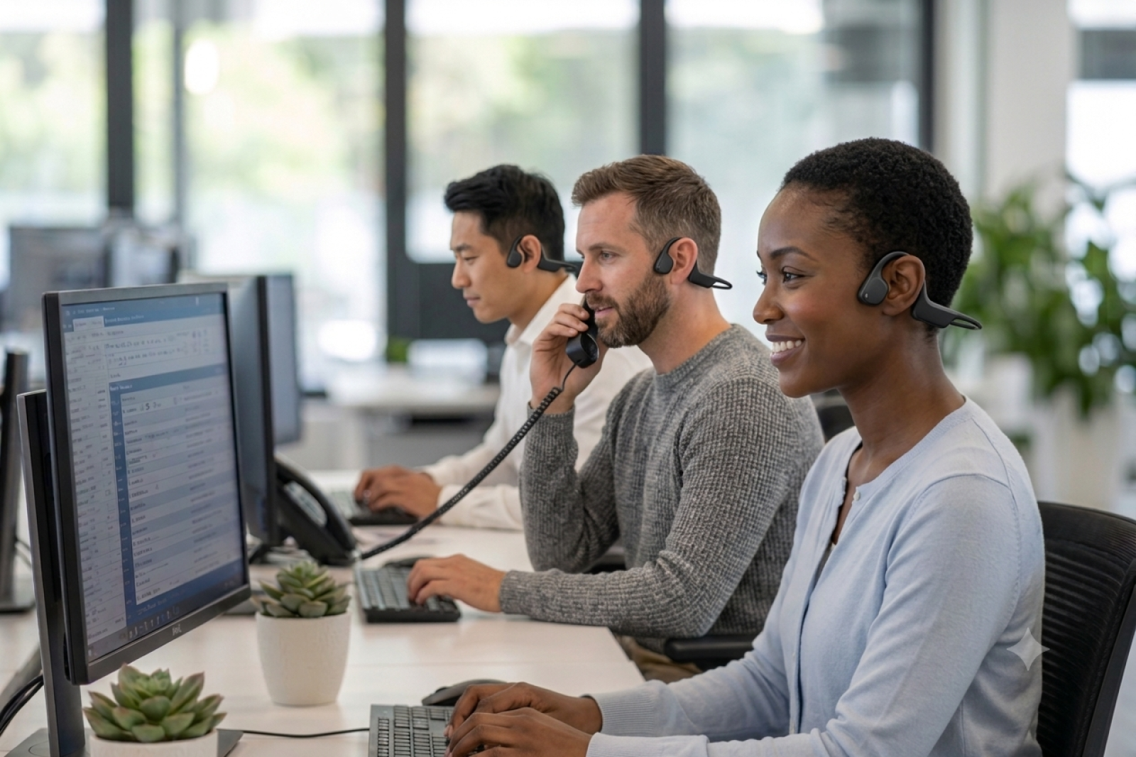 A side-profile view of three office workers sitting in a row at their desks in a modern, brightly lit workplace. In the foreground, a smiling woman with short hair looks at her computer screen while wearing a sleek black bone conduction headset that wraps behind her head and sits just in front of her ear. Behind her, a bearded man in a grey sweater holds a telephone receiver to his ear, and further in the background, another man works at his computer. All three are wearing identical black bone conduction headsets, creating a shallow depth of field that keeps the focus on the foreground.
