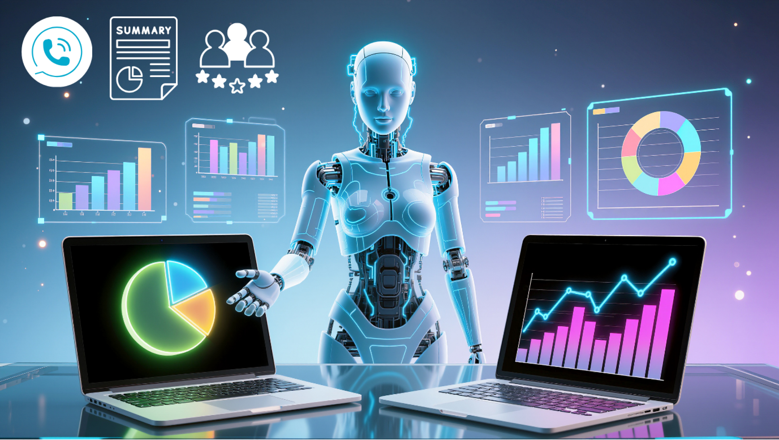 Ai robot behind two laptops showing analytics
