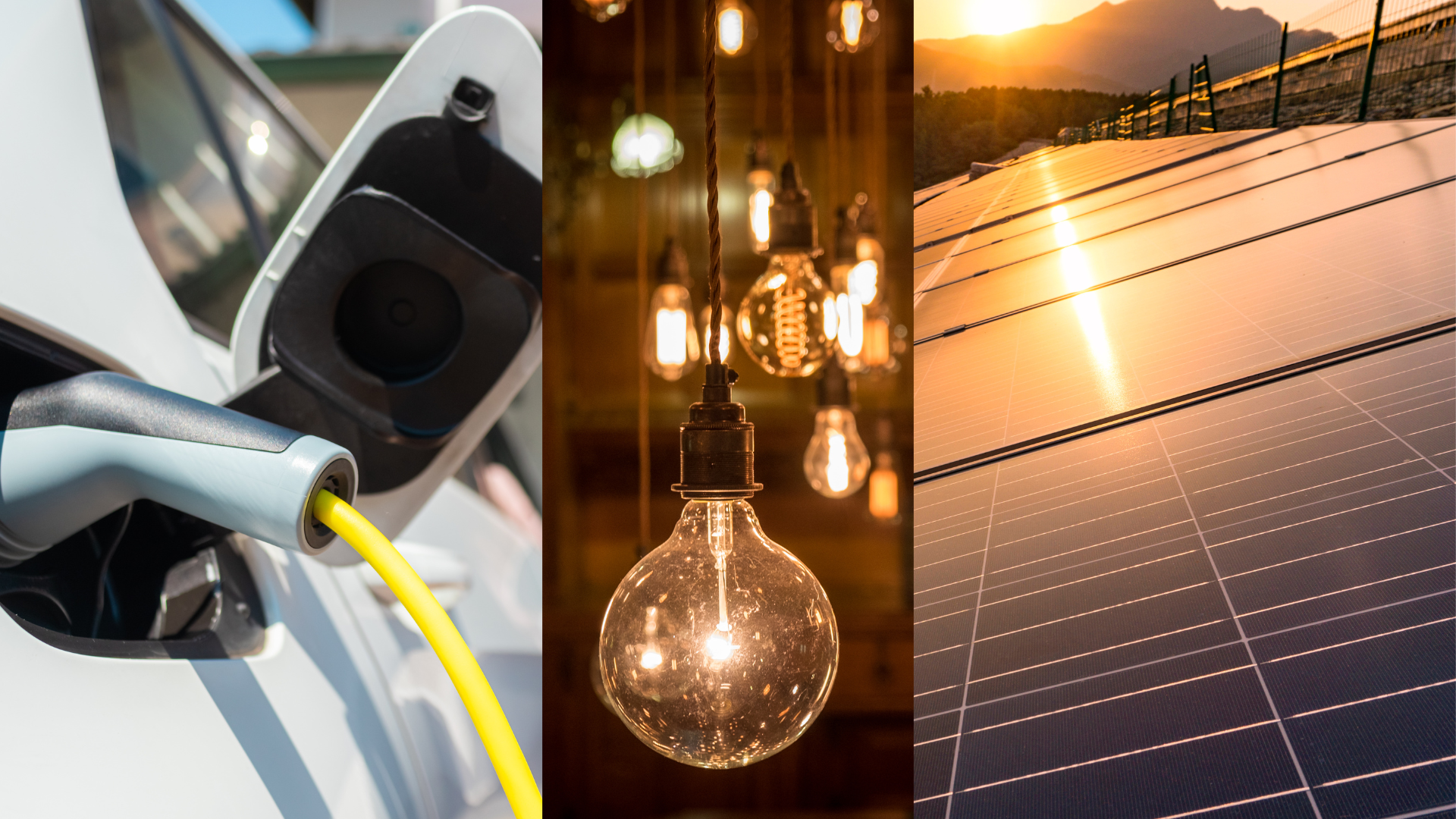 Photo collage EV car charger, light bulbs and solar panels