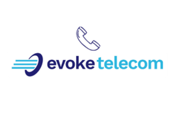 Dark and light blue Evoke Telecom Logo and a phone icon