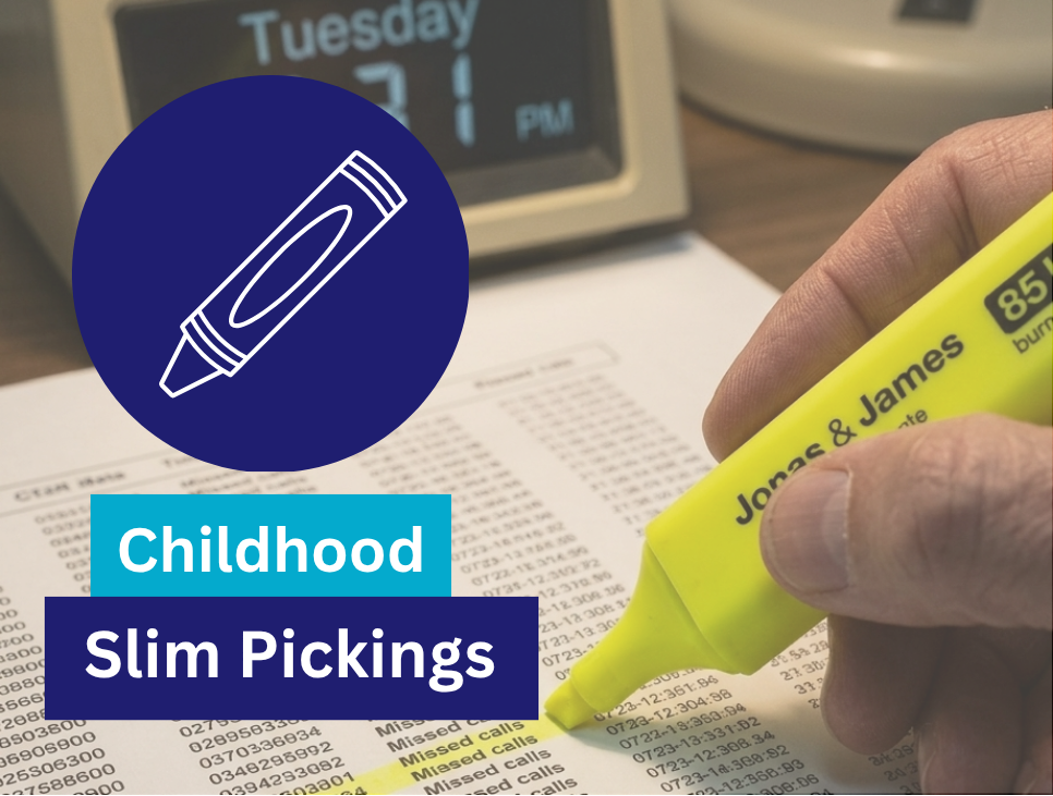 Hand using a neon yellow highlighter on a phone call reporting document. Graphic overlay features a crayon icon and the text "Childhood Slim Pickings.