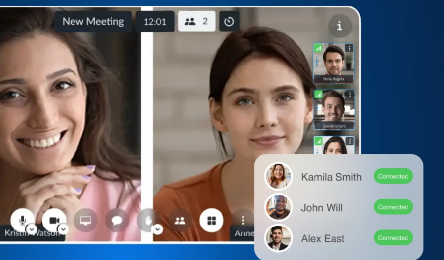 A Wildix video meeting showing two main participants on screen with additional attendees visible in a sidebar panel, and a participant list showing multiple connected users