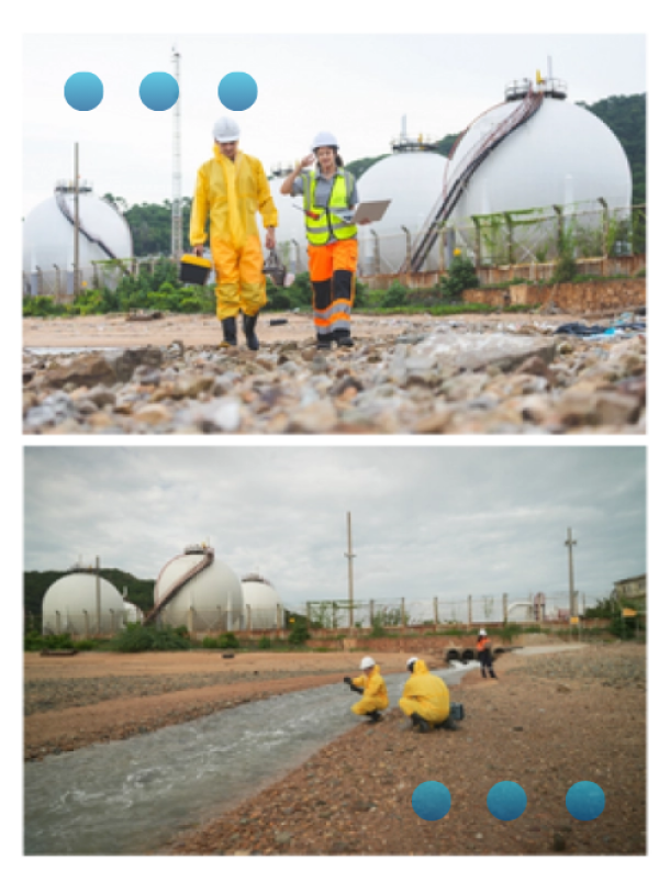 Top panel: Two workers wearing hard hats and high-visibility protective gear are walking across rocky terrain in front of large, white spherical storage tanks.

Bottom panel: Three workers in yellow protective suits are kneeling by a stream or drainage area, appearing to collect water samples, with the industrial facility and storage tanks visible in the background.