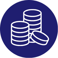 White coins icon on a blue background