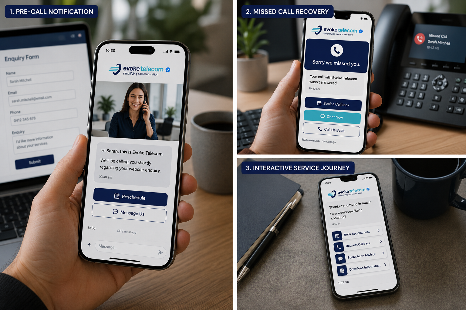 Three mockups demonstrating Evoke Telecom’s RCS business messaging capabilities across three scenarios: Pre-Call Notification, Missed Call Recovery, and an Interactive Service Journey on smartphone screens.