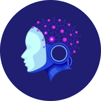 Ai icon with blue face and pink dot connections for the brain.
