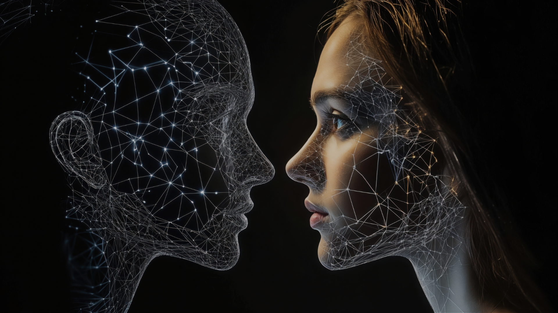 Side facing AI head with connected lines nose to nose with a white female