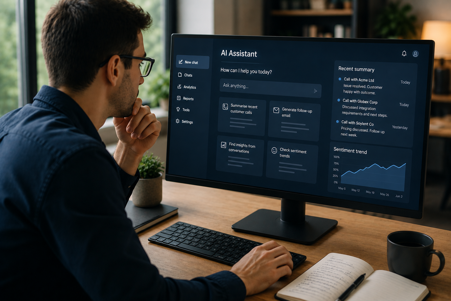 Business professional using AI Assistant software for automated call transcription, sentiment analysis, and customer conversation analytics.