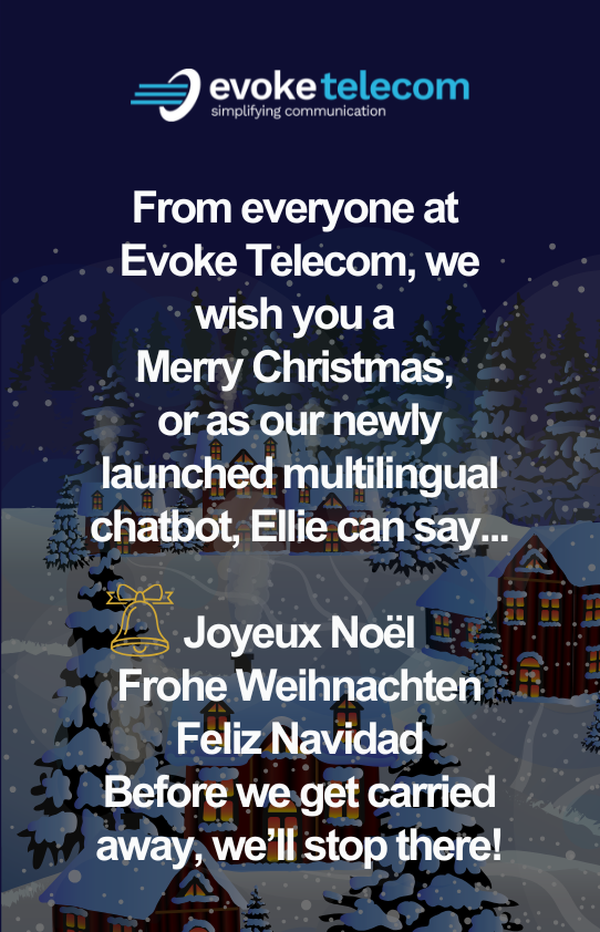 Snowy woodland village with merry Christmas from Evoke Telecom wording over the top