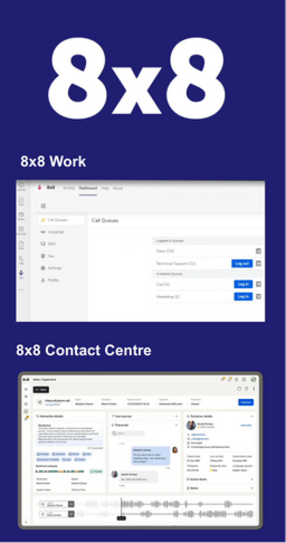 8x8 white logo and screenshot of contact centre and work dashboard