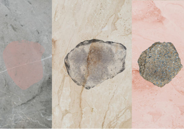 A triptych of marble surfaces in grey, beige, and pink, each featuring a unique stone element.