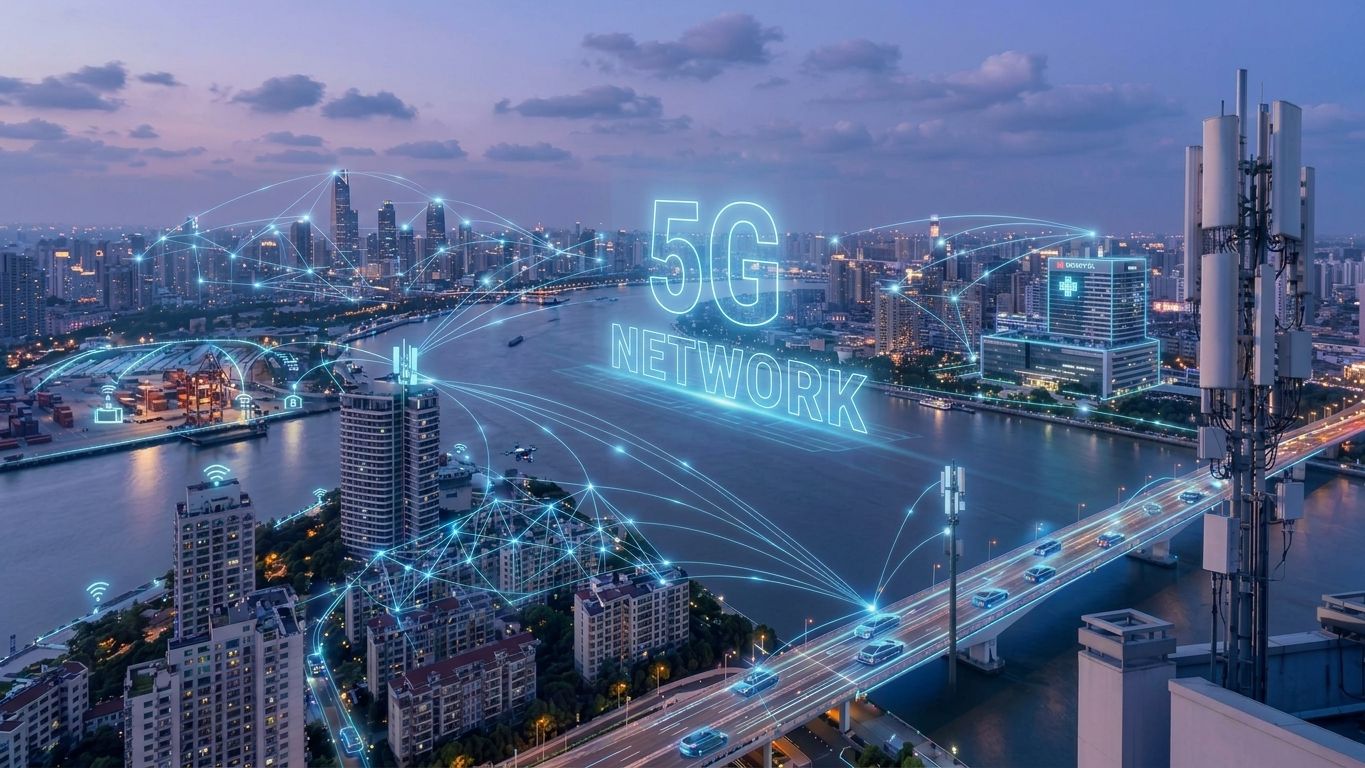Aerial view of a city skyline at dusk with a telecommunications tower and digital connectivity graphics displaying the text 5G NETWORK