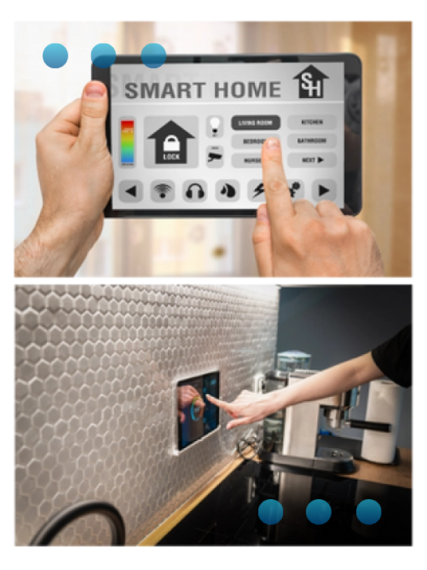 Top panel: A close-up view of a person holding a tablet, interacting with a "Smart Home" control interface that features icons for security locks and various rooms like the living room and kitchen.

Bottom panel: A person touching a smart tablet that is mounted flush into a kitchen wall featuring a hexagonal tile backsplash, situated near a coffee maker.