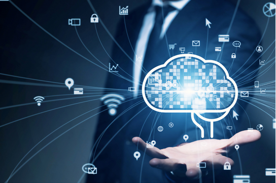 A mans hand with an cloud icon about it