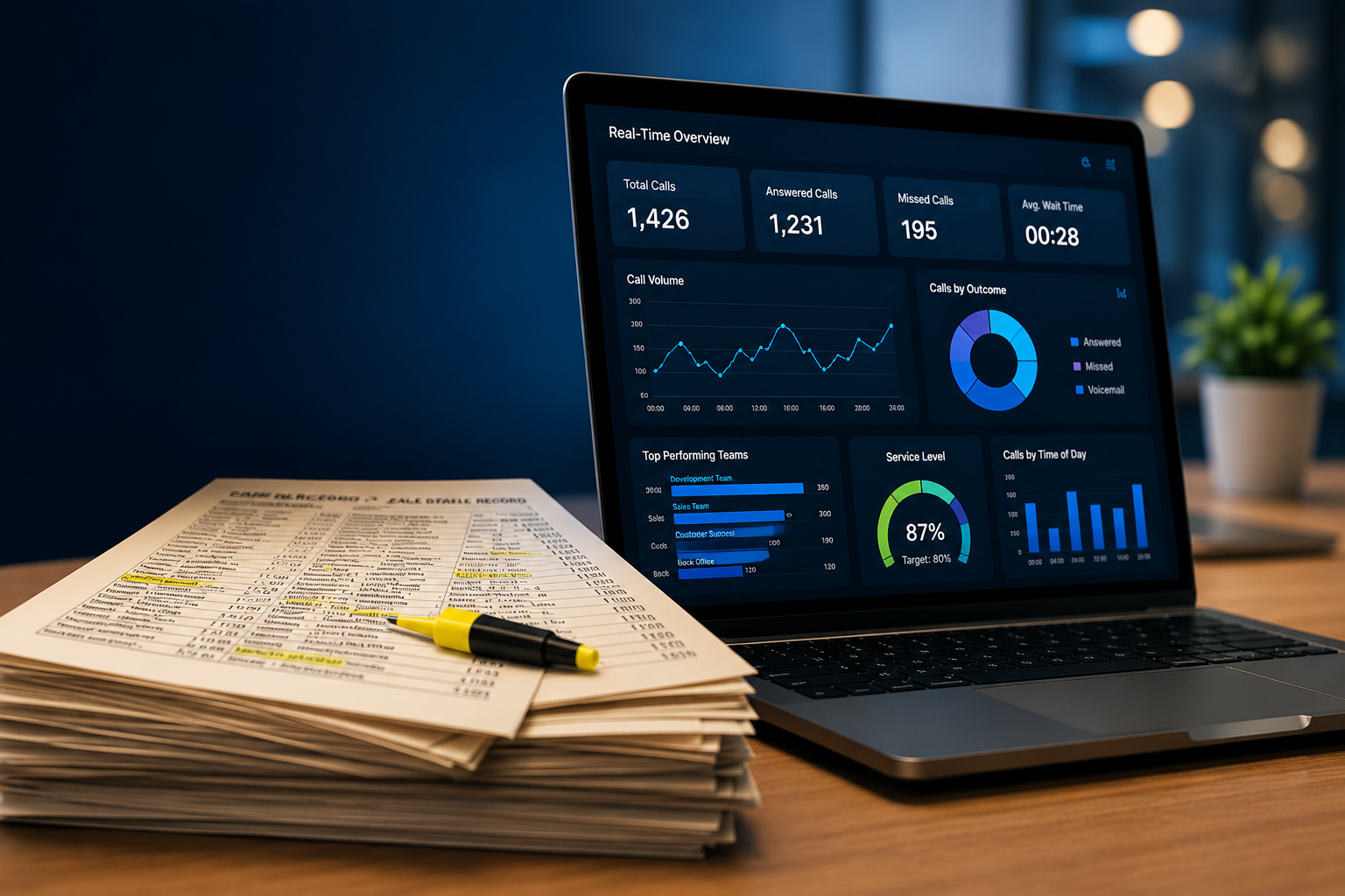 Stack of printed call detail reports and a highlighter beside a laptop displaying a real-time communications analytics dashboard, illustrating the evolution from traditional call reporting to modern business analytics