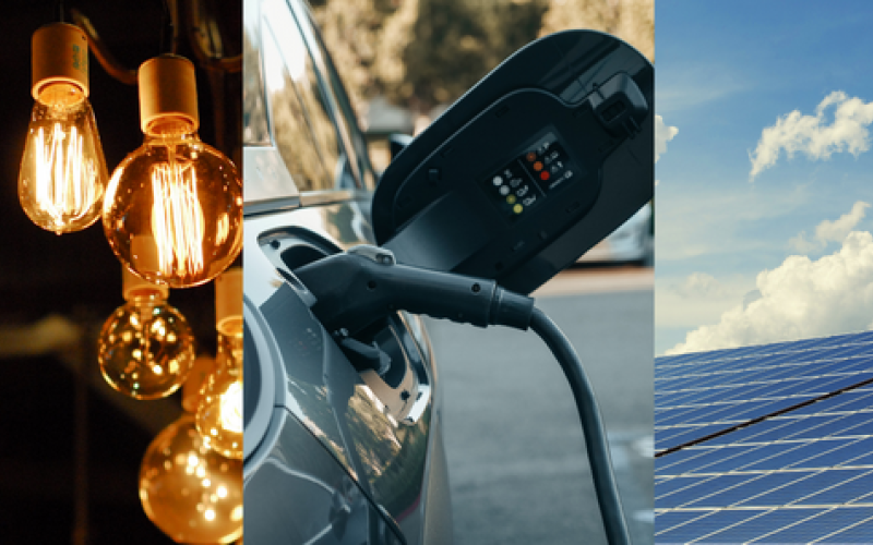 Photo of light bulbs, EV charger and solar panels