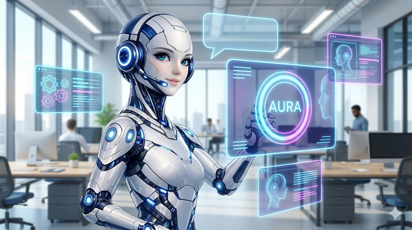 "A friendly female robotic agent in a modern office interacting with a glowing circular AURA holographic interface and digital data panels