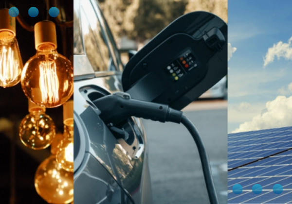 Photo of light bulbs, EV charger and solar panels