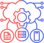 Half coral and half purple colour icon with a cloud phone and server to show API. 