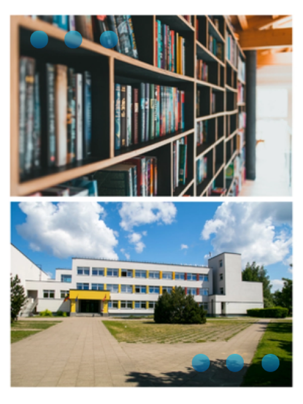 A composite image featuring two distinct scenes. The top half shows a close-up, perspective view of a large wooden bookshelf filled with many colorful books in a library or study setting. The bottom half shows an exterior view of a modern, multi-story school building with white walls and yellow and red accents around the windows, surrounded by a paved path, grass, and trees under a blue sky with fluffy white clouds.