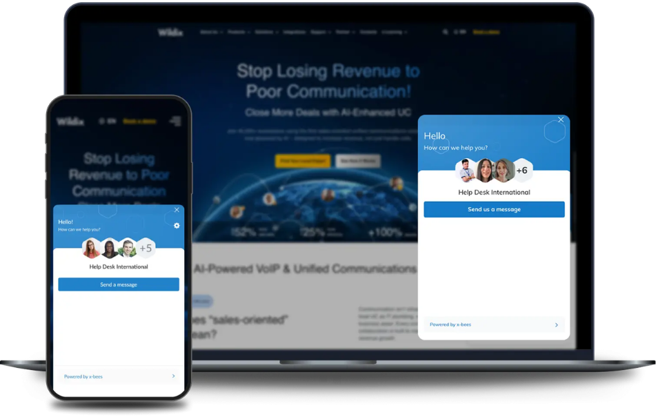 Wildix A laptop and smartphone displaying a business website with an integrated live chat support interface.