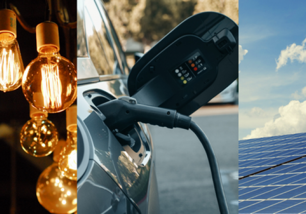 Photo of light bulbs, EV charger and solar panels