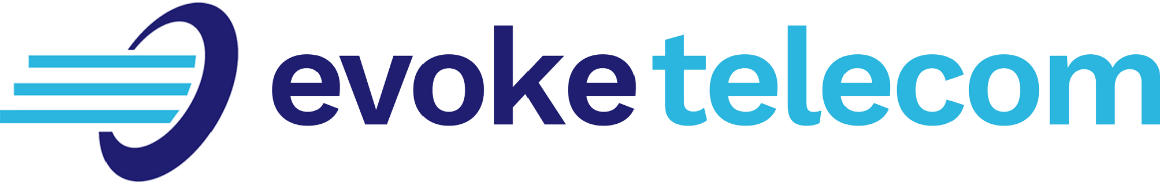 Dark purple evoke wording and light blue telecom wording with three dashes and a semi circle icon