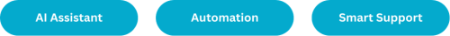 Blue ovals and white text saying  AI Assistant, Automation and Smart Support.