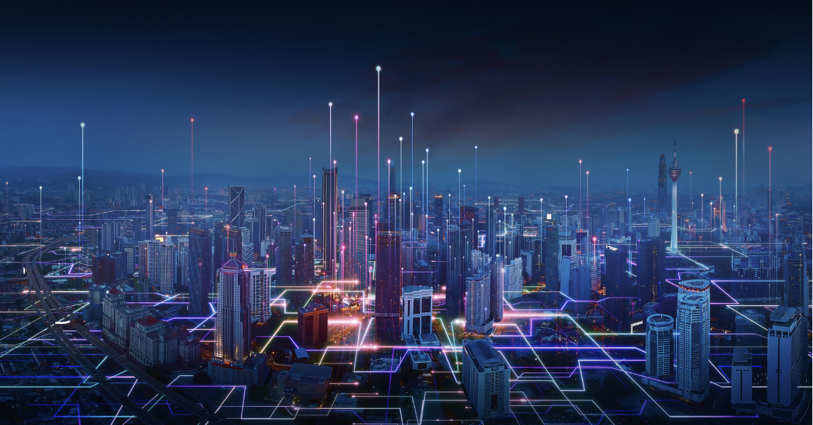 Cityscape connected with lights for 5G