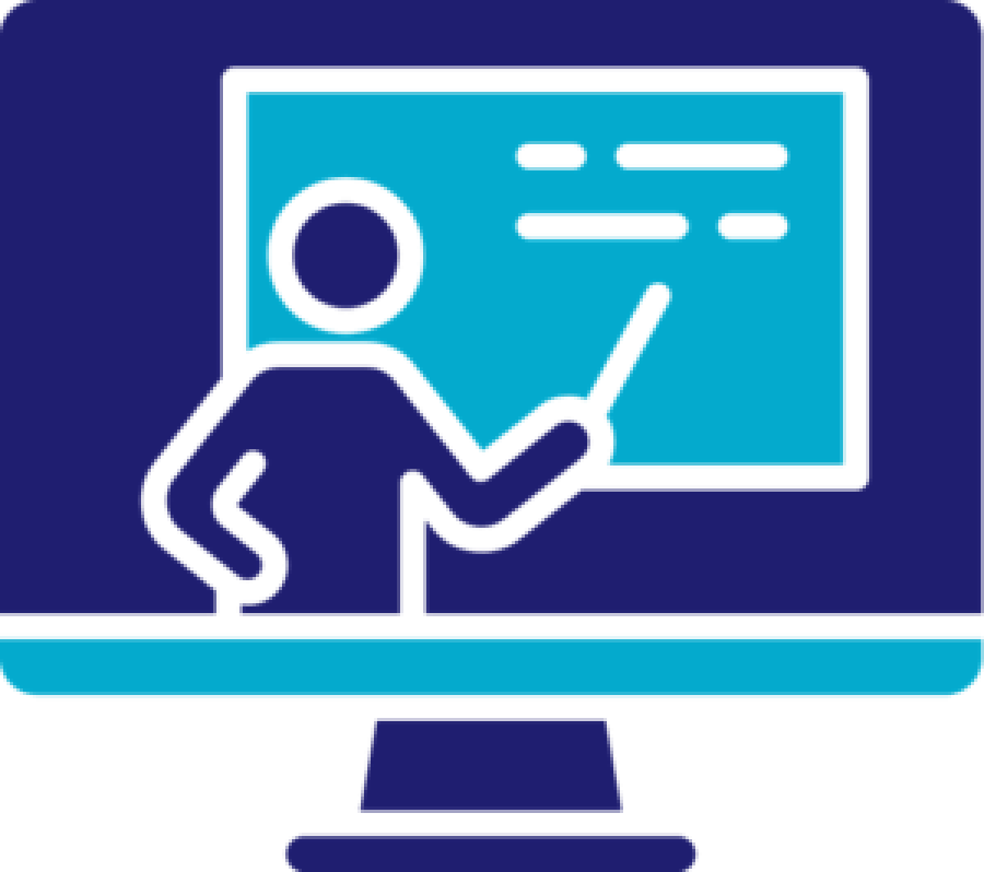 A navy blue and teal icon of a computer monitor. On the screen is a simplified figure of a teacher or presenter pointing at a chalkboard, representing remote learning or a digital training session.