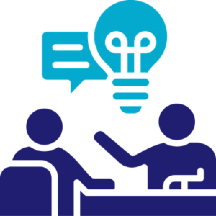 A blue and navy blue icon featuring two people sitting at a desk engaged in a meeting. Above them is a speech bubble and a lightbulb, symbolising the exchange of ideas and professional advice.