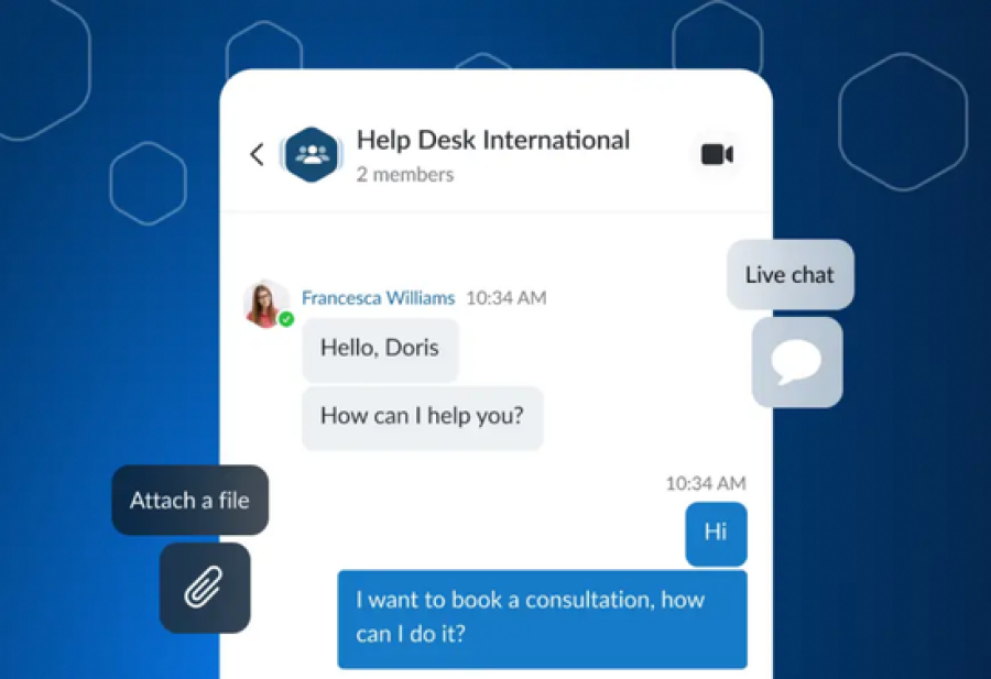 Wildix Kite live chat interface showing a real-time conversation between a website visitor and a support agent, including messaging and file sharing features