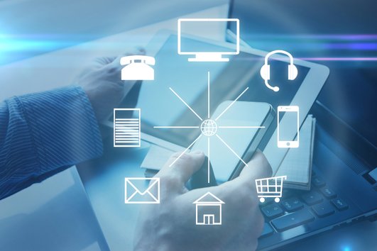 icons on faded blue ground showing forms on communication