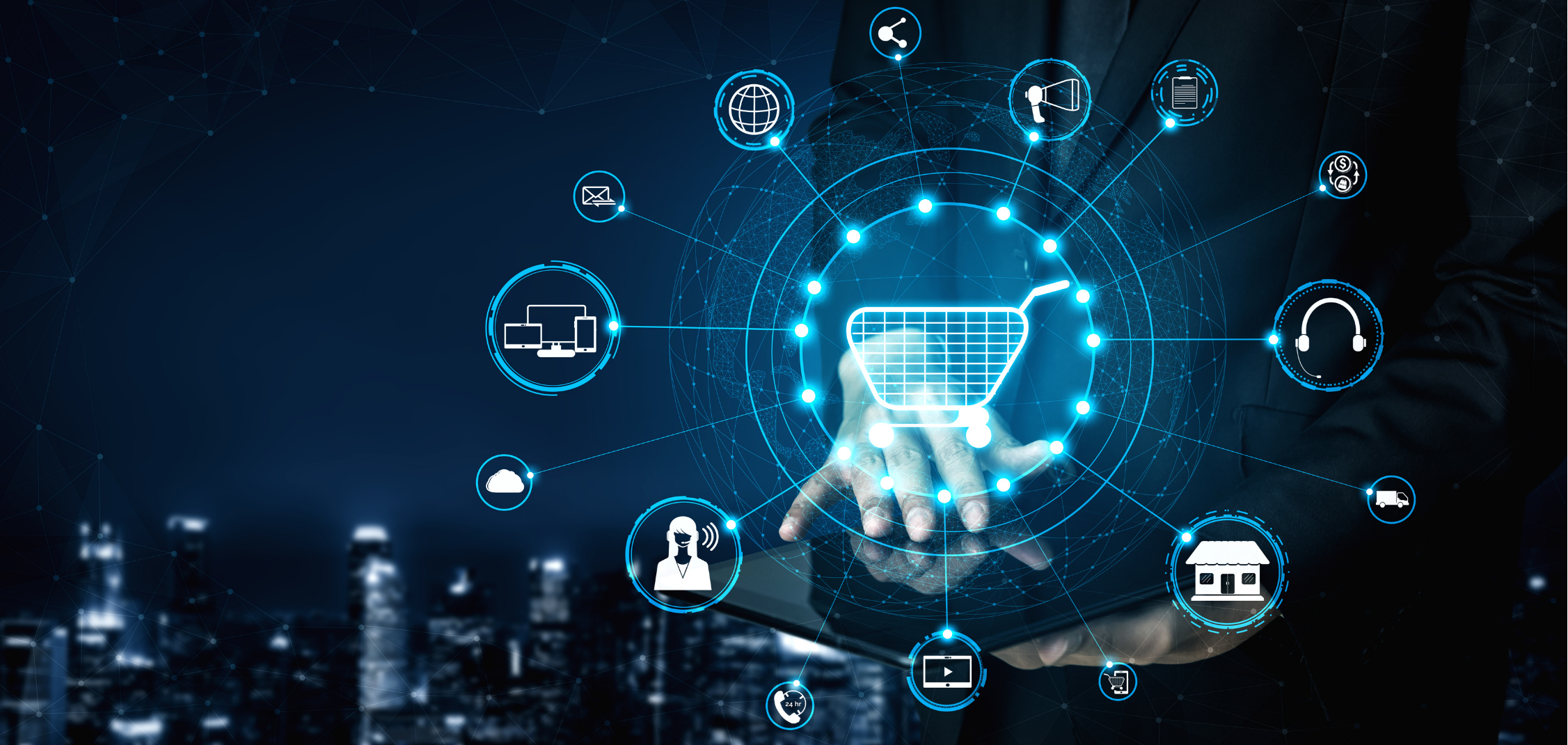 Omni-channel, person holding several icons