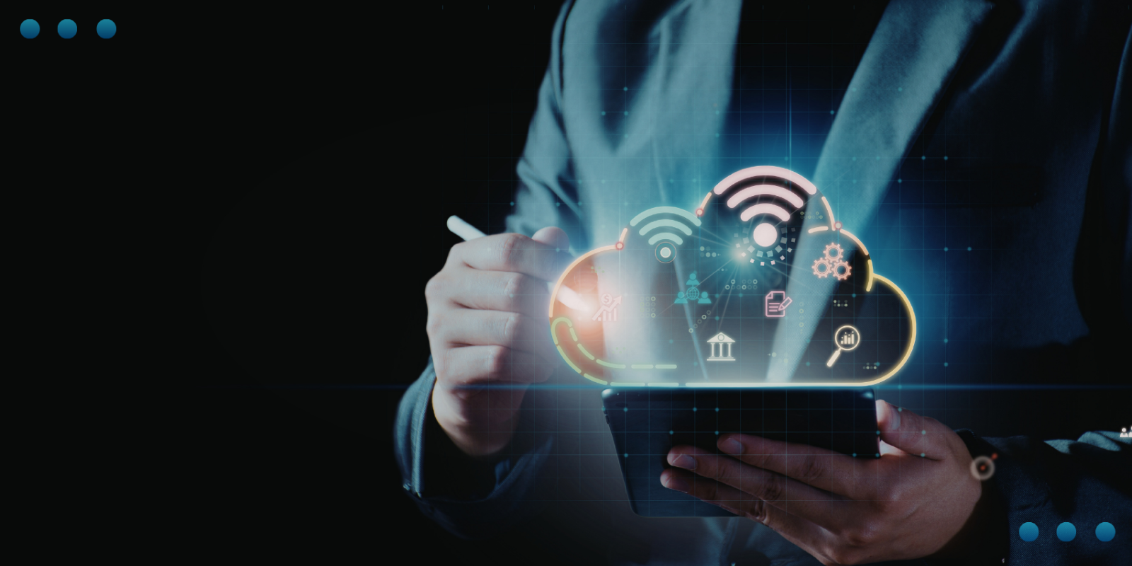 Modern, minimalist open-plan office interior with glass partitioning and bright lighting.