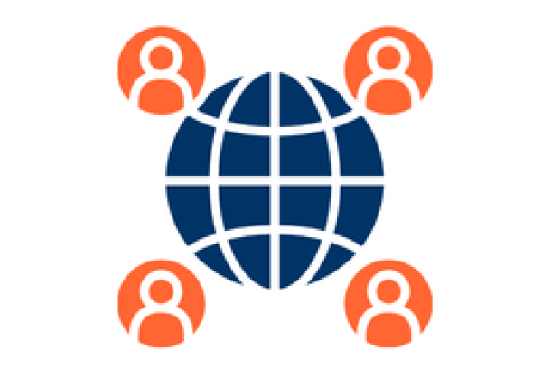 Four orange people icon around a dark blue globe.