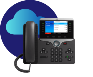 Evonex cloud telephony hardware showing a modern Cisco desktop IP handset with a colour interface displaying active directories and call options.