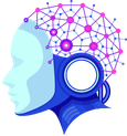 AI icon with an illustrated persons face with light blue face, royal blue neck and pink back of head. 