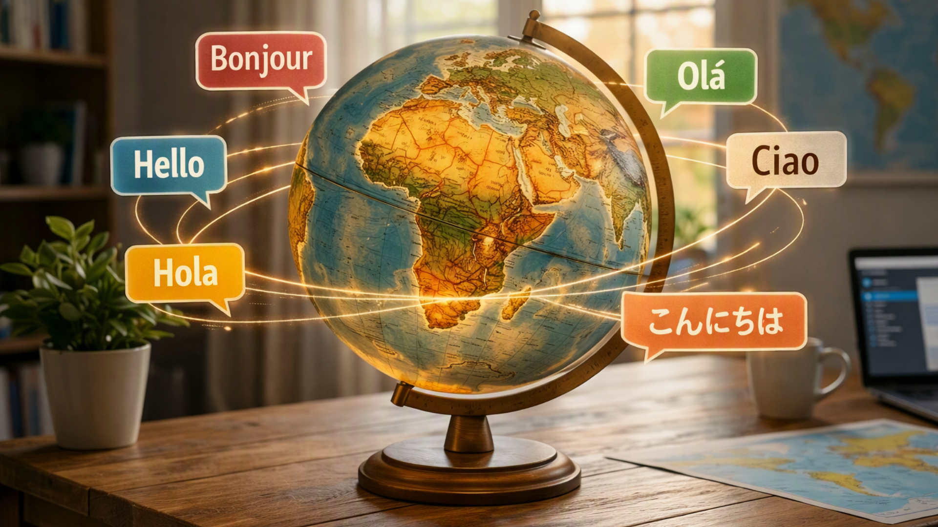 A warm, sunlit desk displays a globe surrounded by colourful speech bubbles showing greetings in six languages — “Hello” (English), “Bonjour” (French), “Hola” (Spanish), “Olá” (Portuguese), “Ciao” (Italian), and “こんにちは” (Japanese). Bookshelves, a laptop, and a coffee mug appear in the background, symbolising global communication and cultural connection.