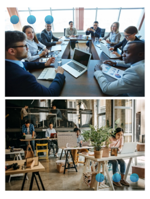 Office meeting room filled with people and a co-working office