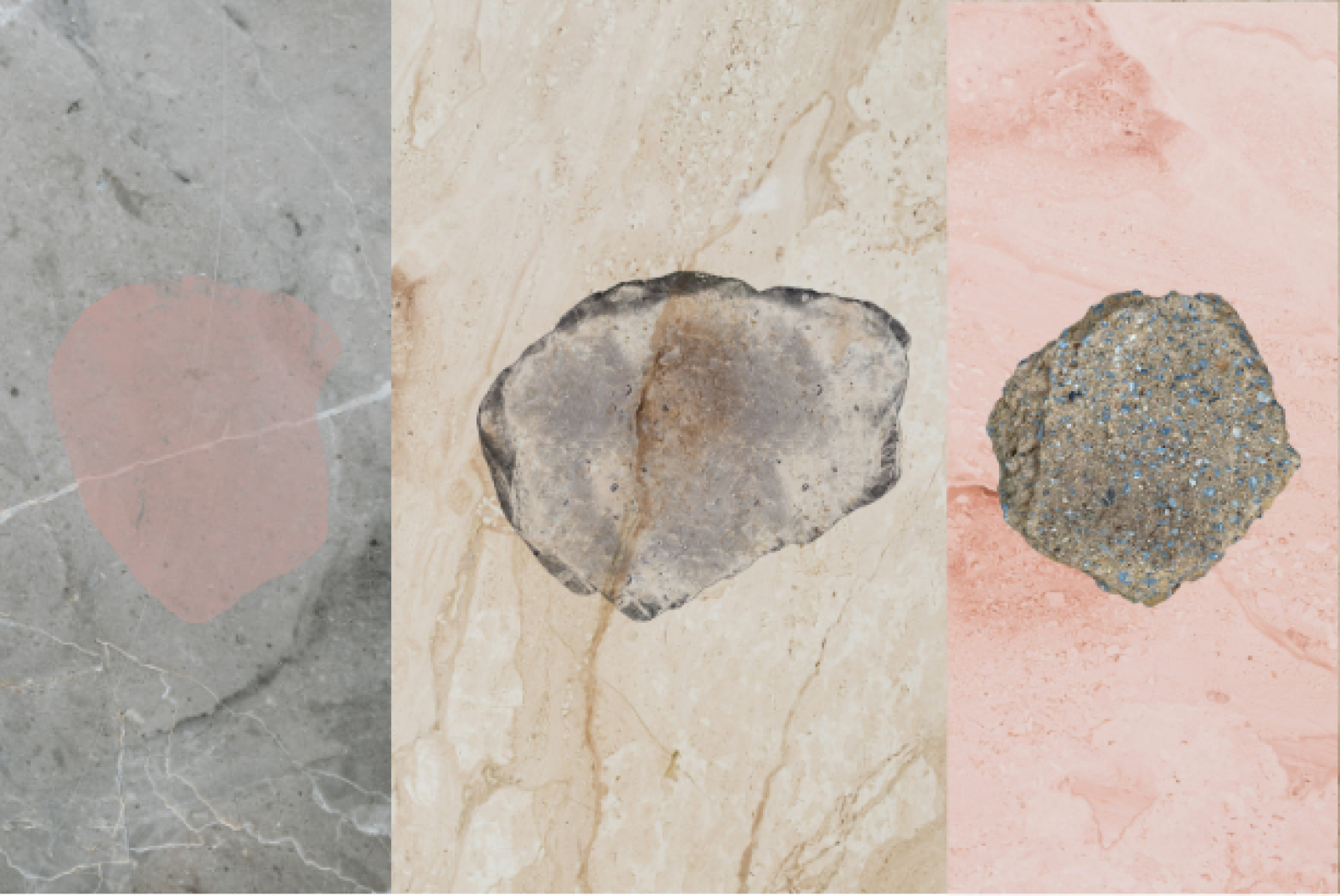 A triptych of marble surfaces in grey, beige, and pink, each featuring a unique stone element.