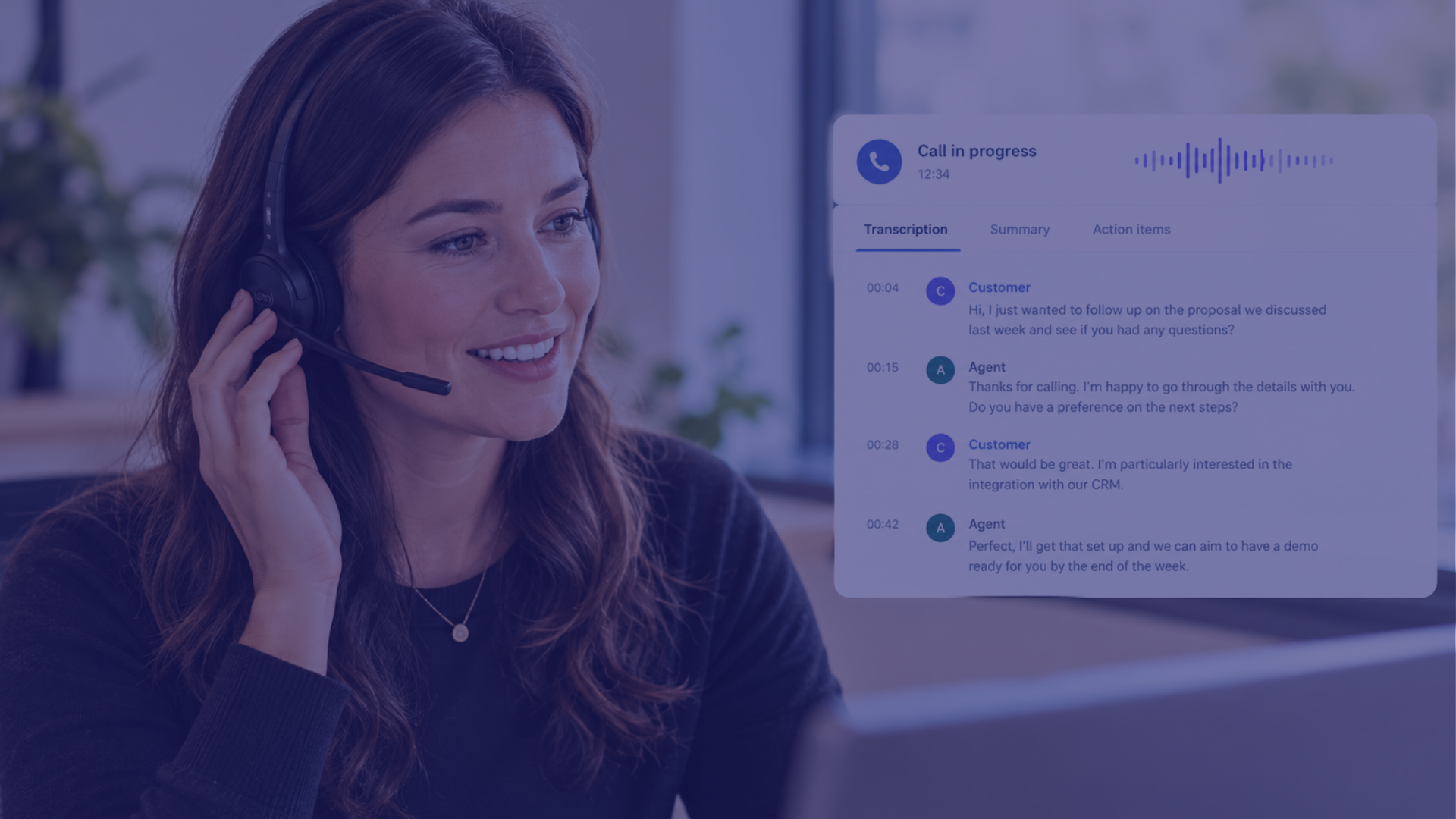 Customer service agent on a headset call, with an on-screen panel showing live AI generated call transcription, summary and action items